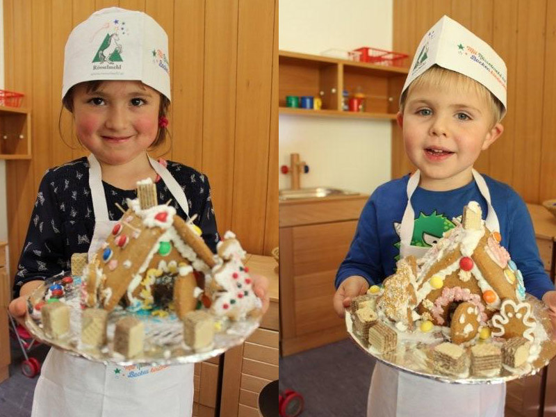 Stolz präsentieren die kleine Bäckermeister vom Kindergarten Teufenbach ihre wunderschönen Lebkuchenhäuser.